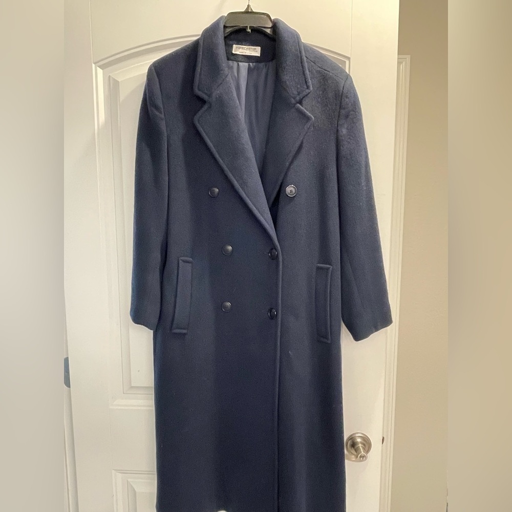 Vintage Forecaster Wool double breasted Trench Coat Size 11/12 navy blue lined